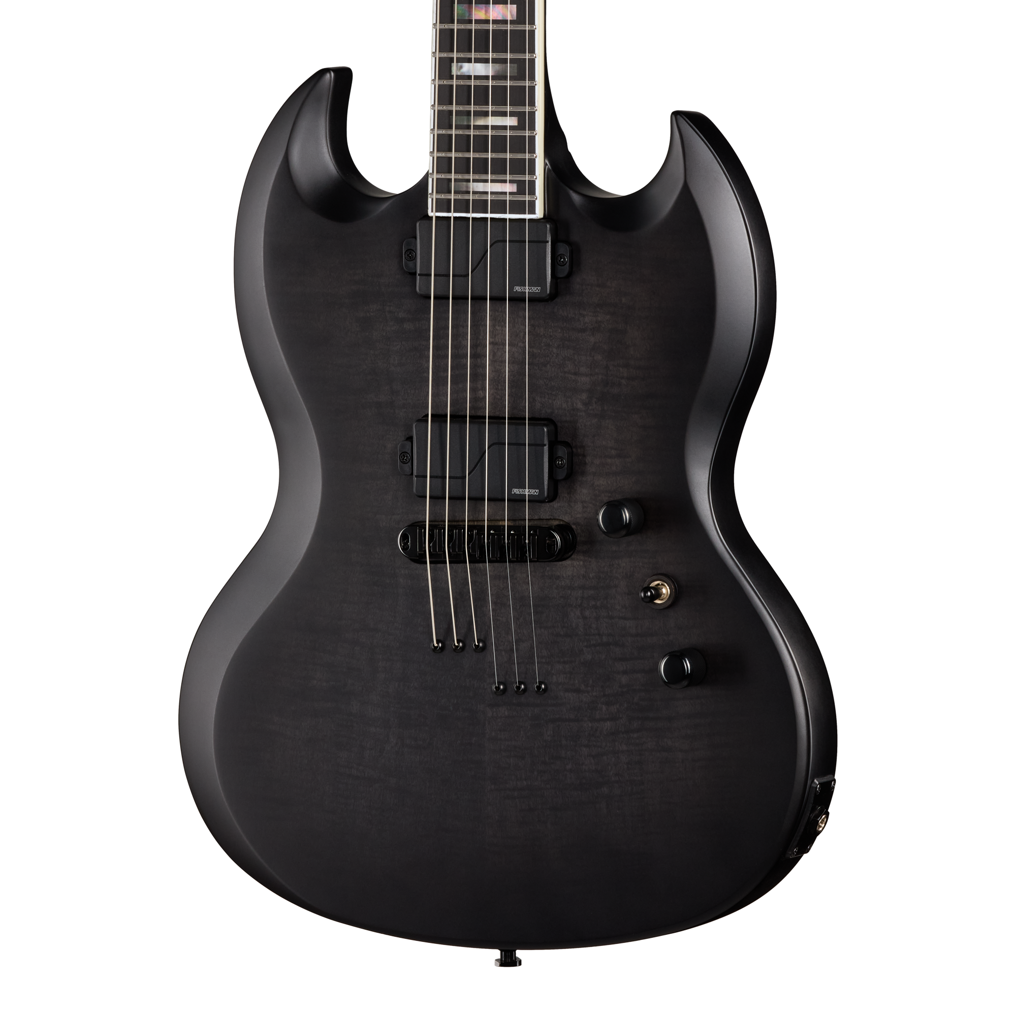 E-Gitarre, Doppelcutaway-Korpus, schwarzes Finish, sechs Saiten, Humbucker